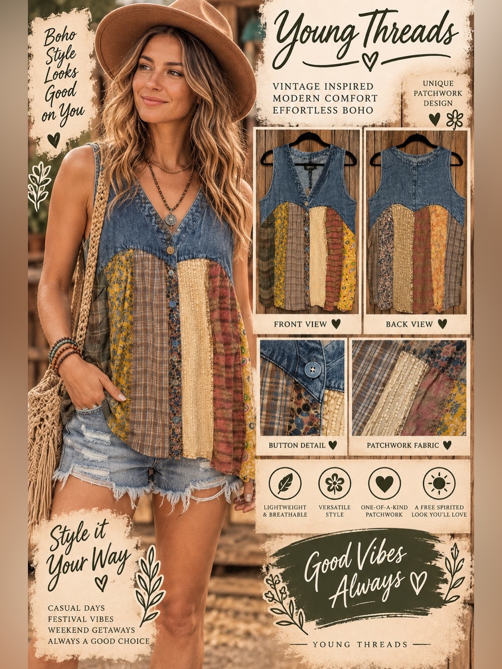 Boho Patchwork Denim Yoke Tank Top - Multicolor